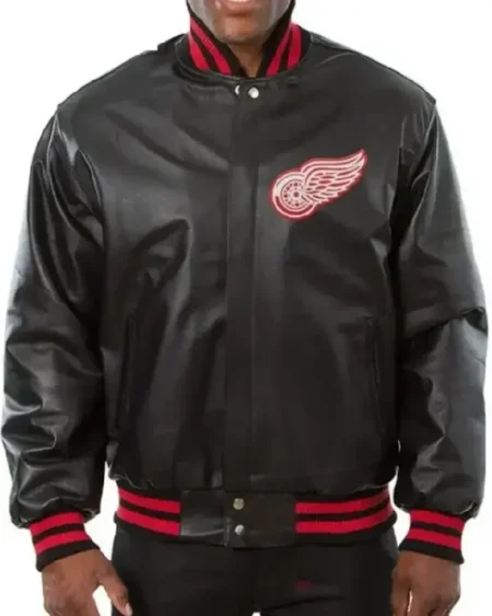 Detroit Red Wings Black Bomber Leather Jacket
