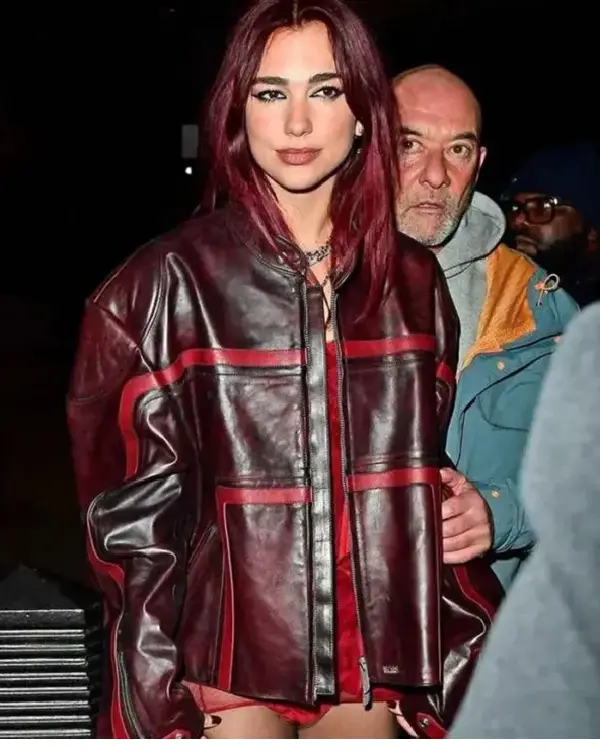 Dua Lipa BRIT Awards 2024 Maroon Leather Jacket
