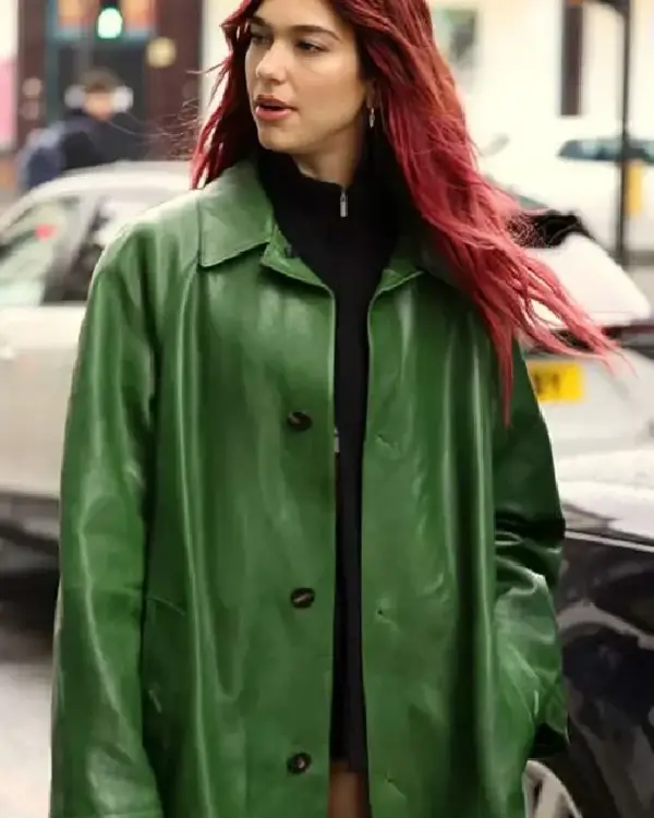 Dua Lipa Green Leather Coat For Sale