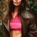 Emily Ratajkowski Brown Distressed Leather Jacket