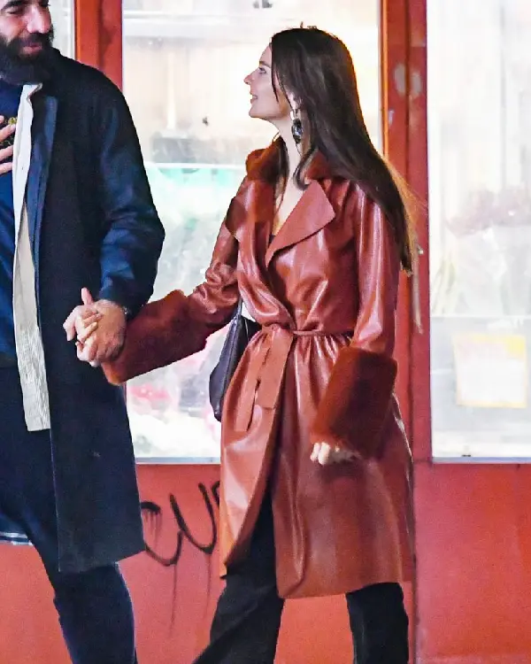 Emily Ratajkowski Long Brown Leather Coat sale