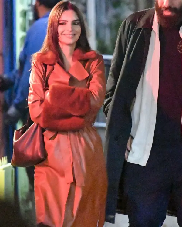 Emily Ratajkowski Long Brown Leather Coat
