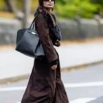 Emily Ratajkowski Long Brown Suede Coat With A Fur Collar