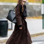 Emily Ratajkowski Long Brown Suede Coat With A Fur Collar sale