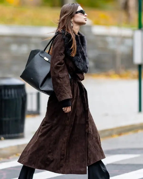 Emily Ratajkowski Long Brown Suede Coat With A Fur Collar sale