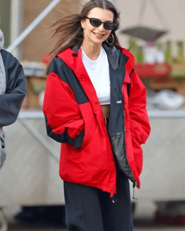 Emily Ratajkowski Red and Black Jacket for sale
