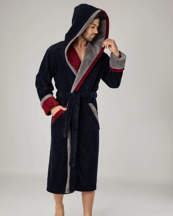 Mens hooded Navy Turkish Cotton bathrobe