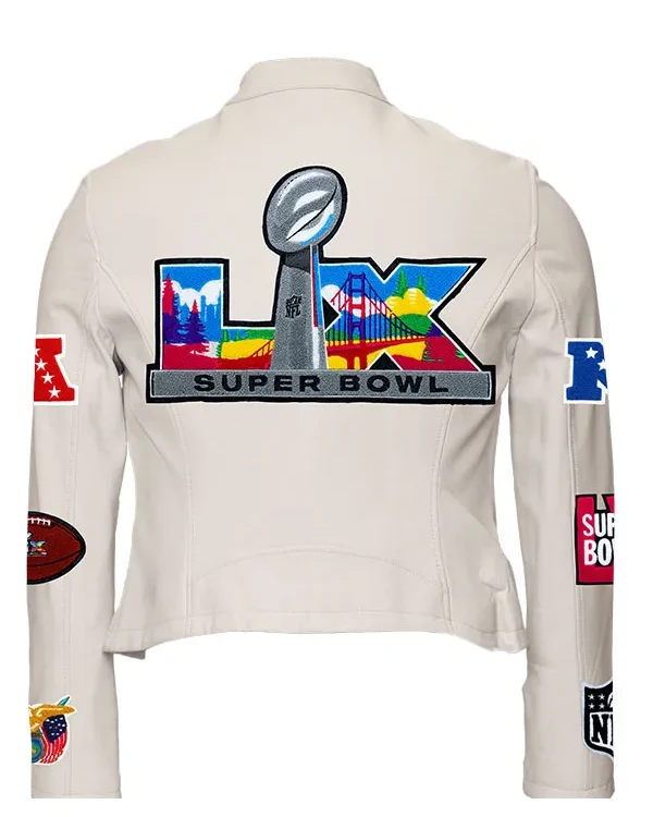 NFL Super Bowl 2026 Motorcycle Leather Jacket White Back