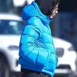 New York City Emily Ratajkowski Blue Puffer Hooded Jacket