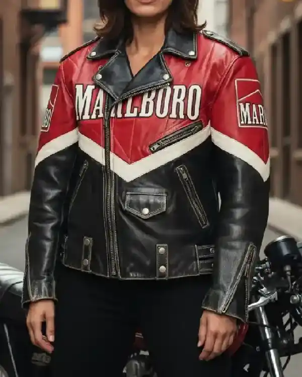 Red and Black Vintage 1980s Marlboro Biker Style Leather Jacket