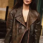 Shop Discover the Emily Ratajkowski Brown Distressed Leather Jacket Vintage Streetwear