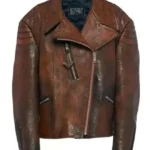 Shop Discover the Emily Ratajkowski Brown Distressed Leather Jacket Vintage Streetwear Style Sale 1