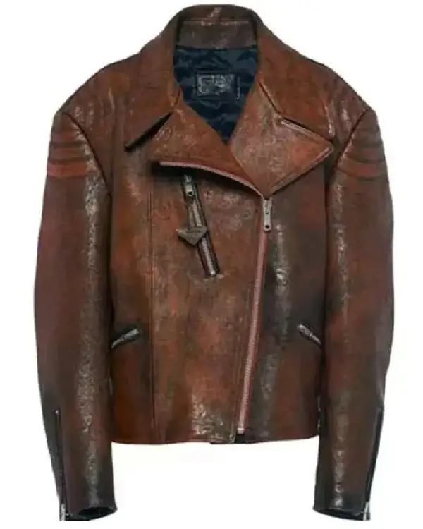 Shop Discover the Emily Ratajkowski Brown Distressed Leather Jacket Vintage Streetwear Style Sale 1