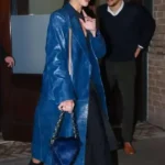 Shop Dua Lipa 36th Annual Footwear News Achievement Awards Blue Leather Trench Coat For Women For Sale