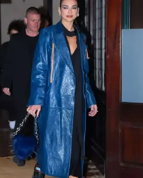 Shop Dua Lipa 36th Annual Footwear News Achievement Awards Blue Leather Trench Coat For Women