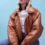 Shop Explore the Dua Lipa BBC Radio 1 Studios Brown Leather Jacket Bold Streetwear Style Sale