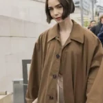 Shop Lily Collins Austerlitz Train Station Oversized Cotton Brown Trench Coat Sale