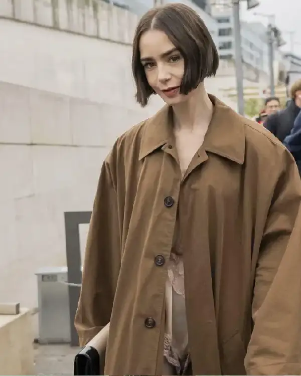 Shop Lily Collins Austerlitz Train Station Oversized Cotton Brown Trench Coat Sale