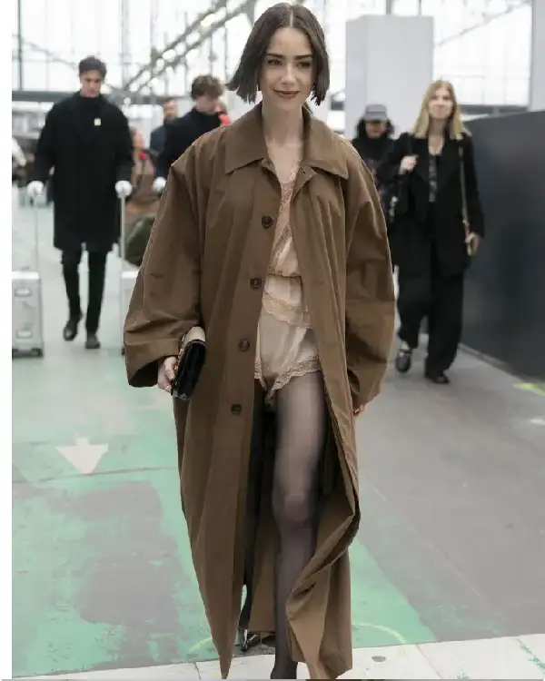 Shop Lily Collins Austerlitz Train Station Oversized Cotton Brown Trench