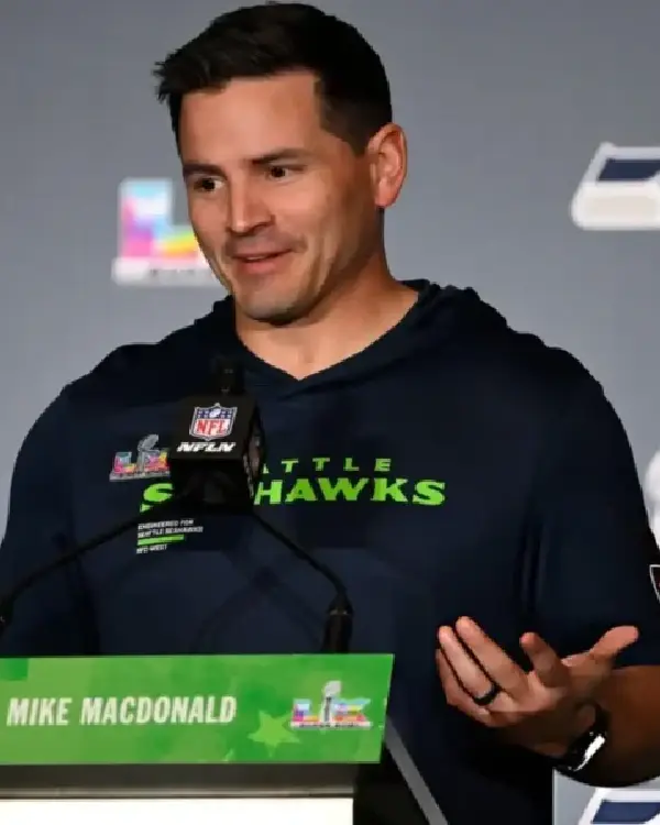 Shop Mike MacDonald Super Bowl LX Press Conference Green Lettering and Multi-Color Logo Black Short-Sleeve Hooded Shirt For Sale