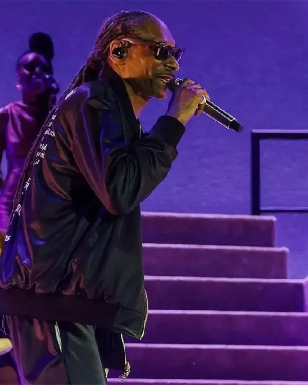 Shop Now Coachella Snoop Dogg 2026 Valley Music and Arts Festival Look Black Satin Bomber Jacket For Sale