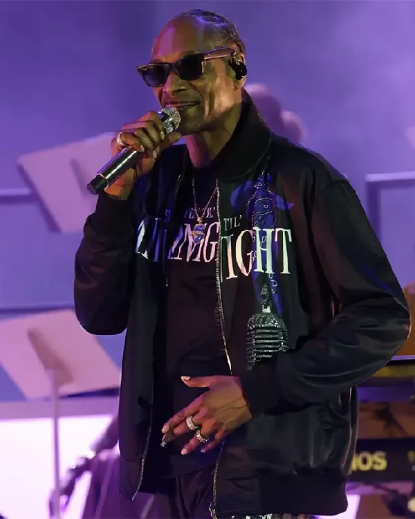 Shop Now Coachella Snoop Dogg 2026 Valley Music and Arts Festival Look Black Satin Bomber Jacket