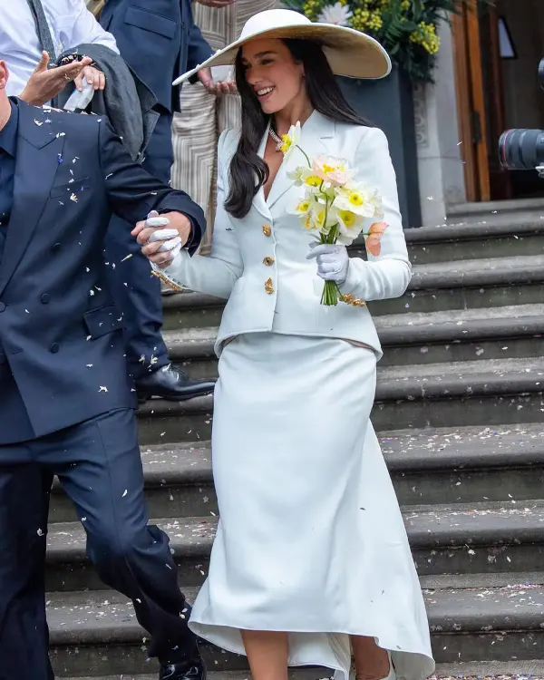 Shop Dua Lipa Wedding Hourglass Tailored Fit, Peplum Hem White Couture Blazer For Women's Sale